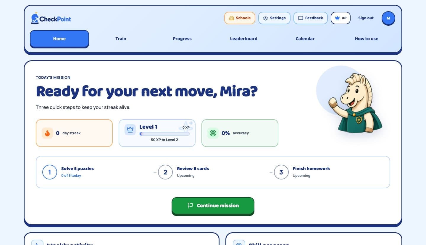 CheckPoint student dashboard showing today's mission, level progress, and practice steps